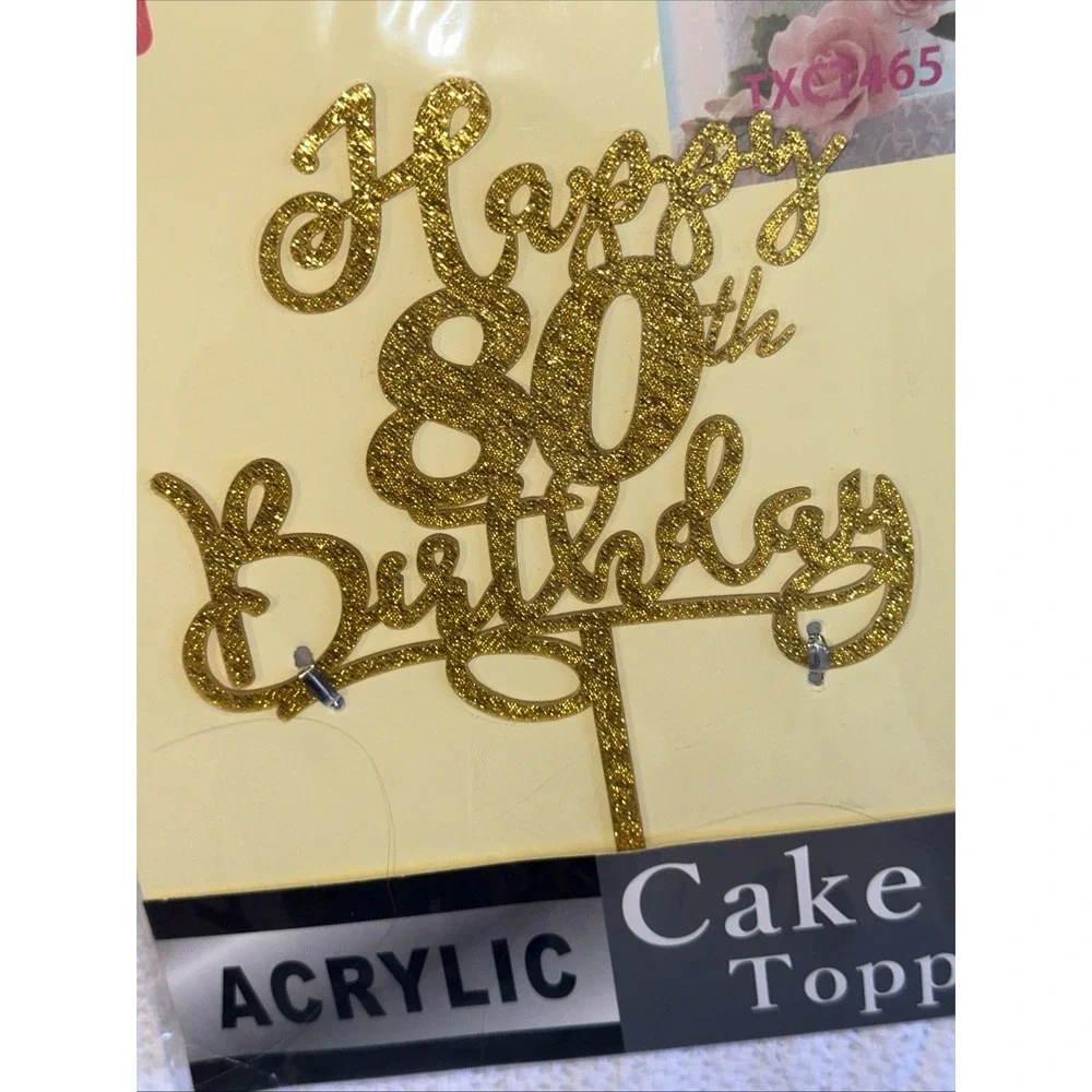 80th Birthday Cake Topper Double Side Glitter Gold Birthday Decorations NEW
